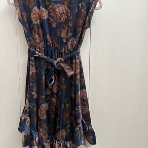 Joyfolie Navy and Brown Patterned Dress size 10 floral hi low